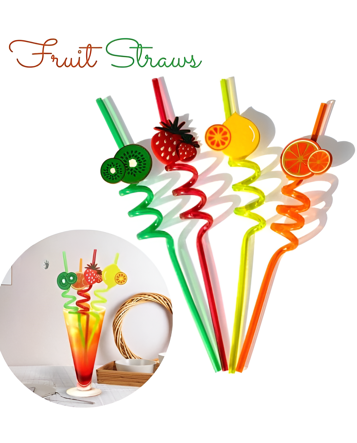Pack of 4 - Reusable Spiral Fruit Straws Multicolor (Random shapes & color)