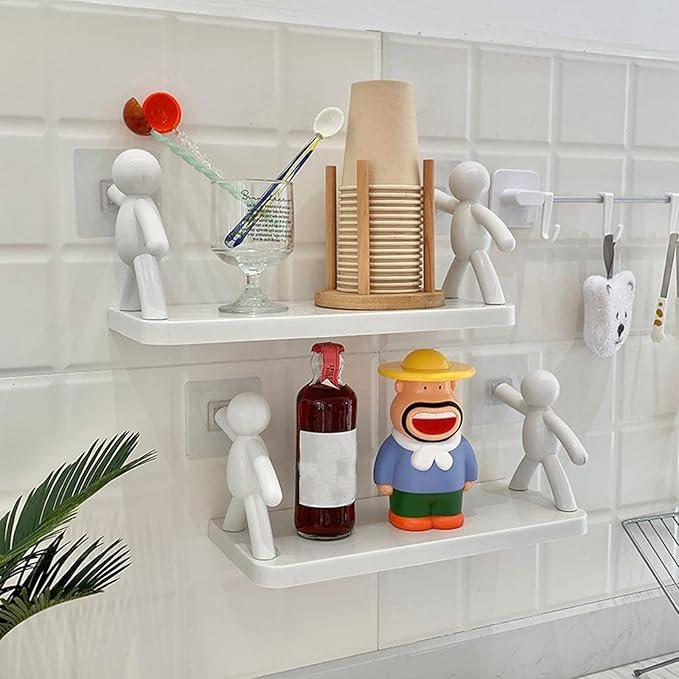 Multifunctional Self Adhesive Creative Character Shelves Bathroom Wall Mounted Shelf | Storage Rack for Bathroom, Kitchen & Room - 1 Pc (White)