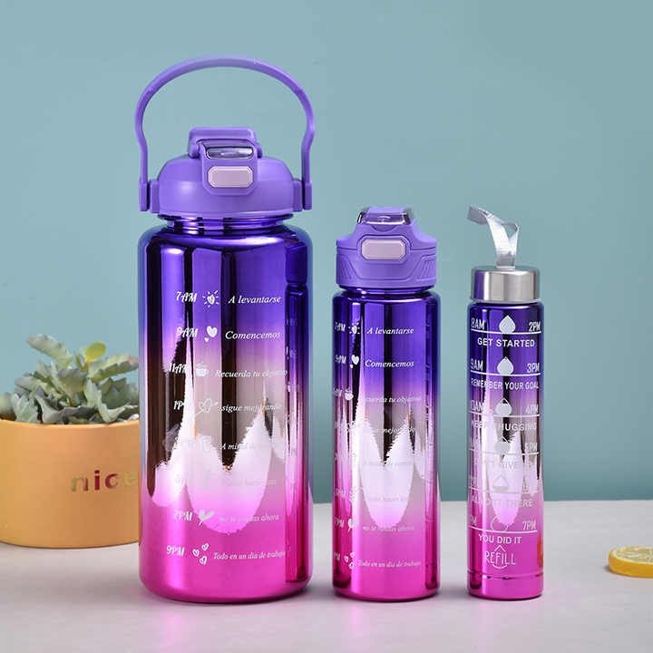 3 in 1 Electro Plated Gradient Color Plastic Sports Water Bottle 2L 0.6L 0.3L (Pack Of 3 - Random Color)