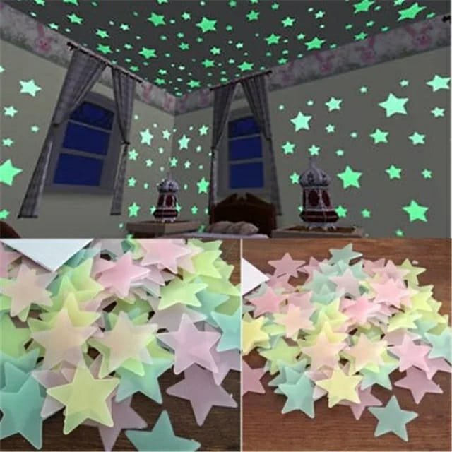 Pack of 100 -  Multicolor 3D Glowing Stars Night Dark Room Decor