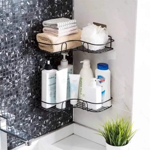 Metal Corner Rack For Bathroom & Kitchen |  Shelf Organize | Wall Mount Bathroom Accessories (with 2 punch free holders)