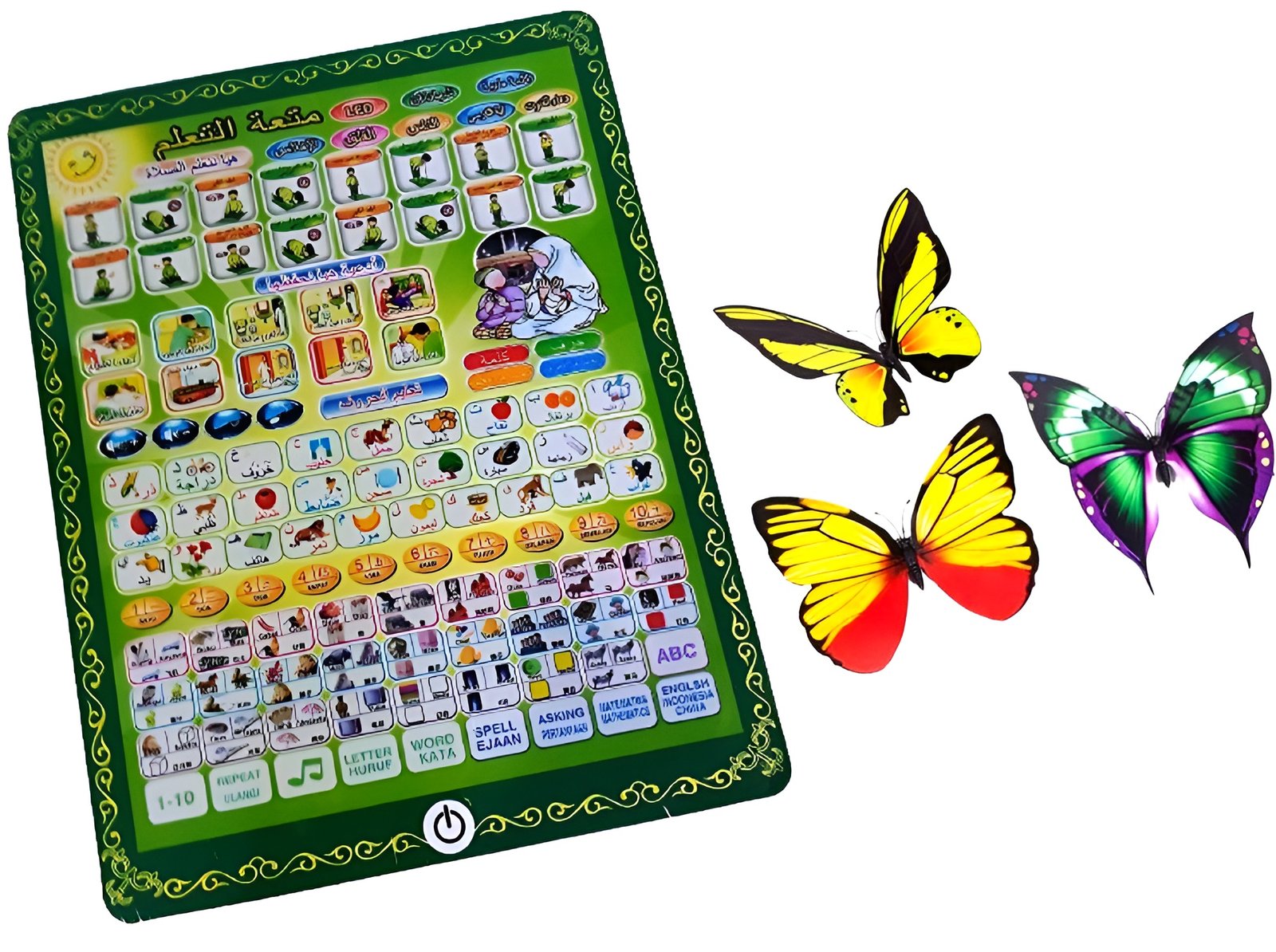 Deal (pack of 5) 1 Arabic tablet & 3 led butterfly | Arabic Learning Tablet for kids 2 in 1 Prayer and Letters (Arabic & English) Learning (Random Color) | Creative Colorful Plastic Flash Butterfly Lamp Small Night Lamp (Random Color & Design)