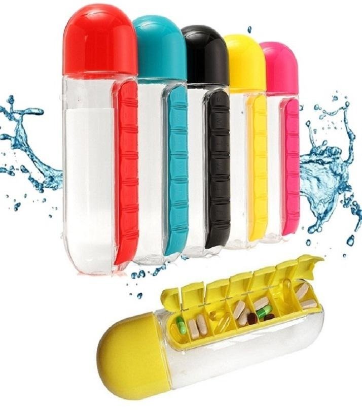 2-in-1 Medicine Organizer with Water Bottle – 7 Days Pill Box, 600ml BPA-Free Drinking Bottle